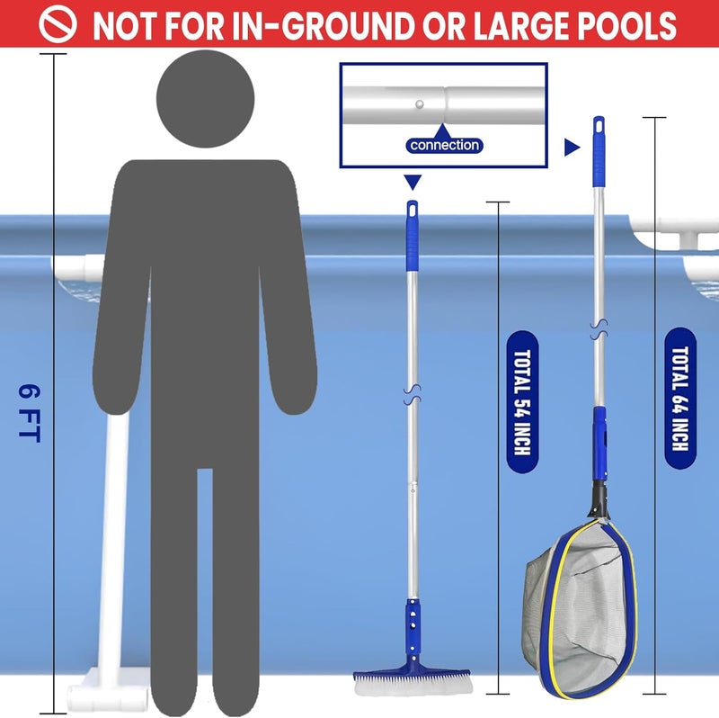 Poolvio Swimming Pool Cleaning Kit, 14'' Brush Head & 50'' Telescopic Aluminum Pole with Fine Mesh Skimmer Net - Perfect for Above Ground Pools, Spas, Hot Tub Fountains Blue (PK0140) - Image 2